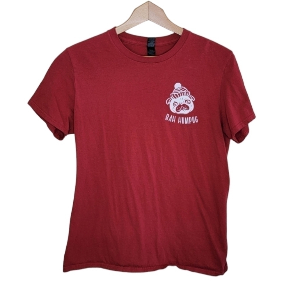 Anvil Red Short Sleeve Tee with Bah Humpug Dog Graphic Size Medium Christmas